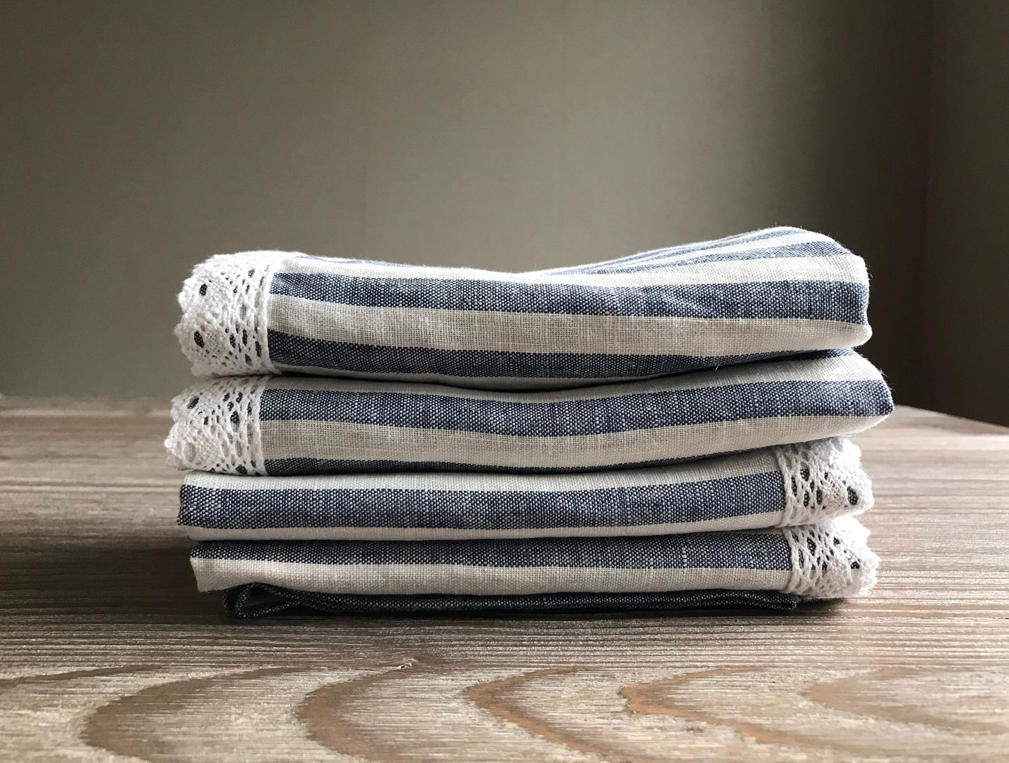 Linen tea towels with lace. Blue stripes kitchen towel