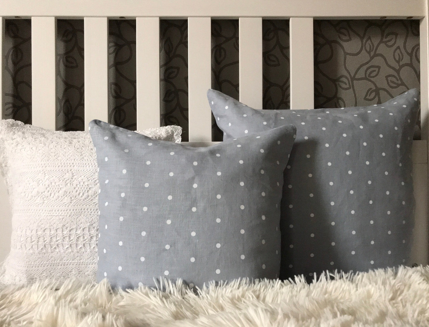 Linen pillow cover. Blue polka dots