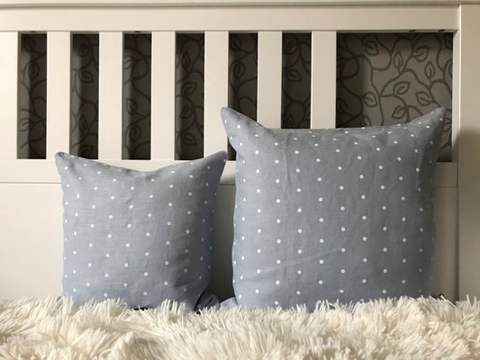 Linen pillow cover. Blue polka dots