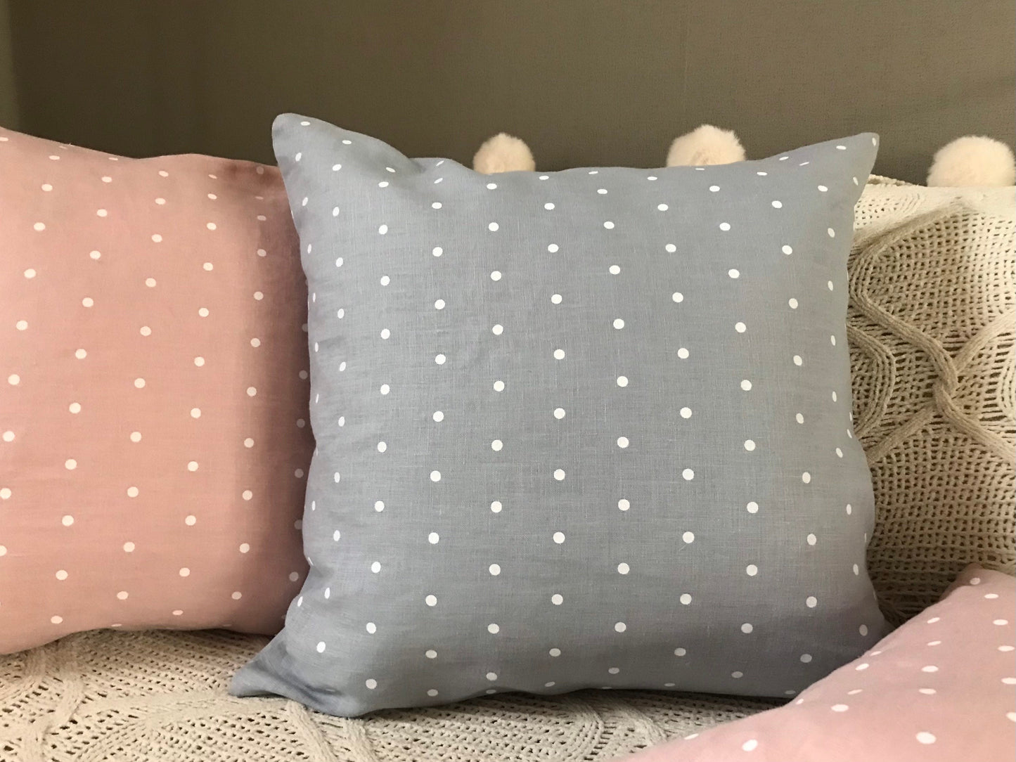 Linen pillow cover. Blue polka dots