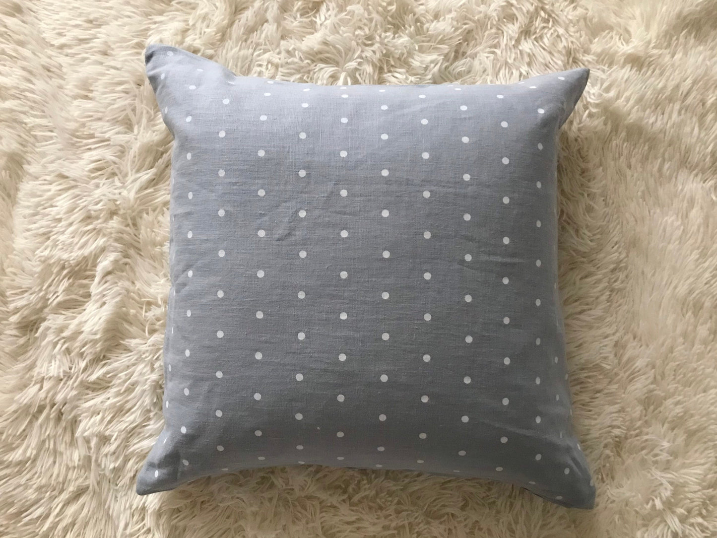 Linen pillow cover. Blue polka dots