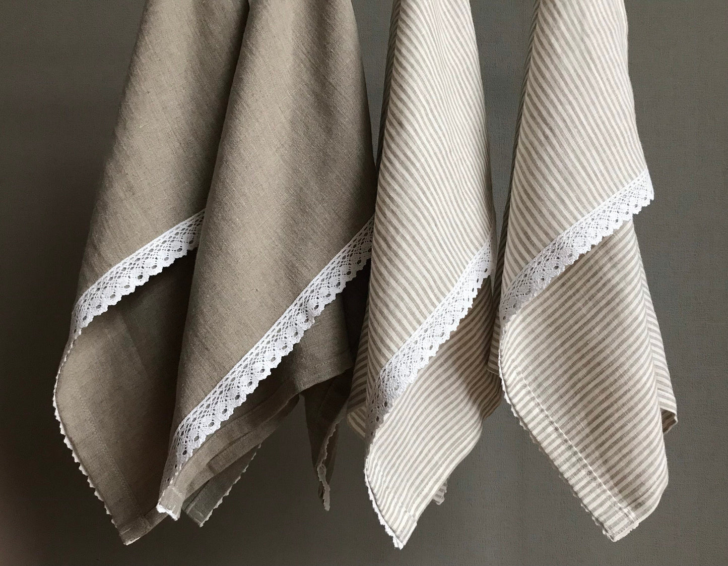 Linen tea towel with lace trim. Natural Linen. Beige stripes