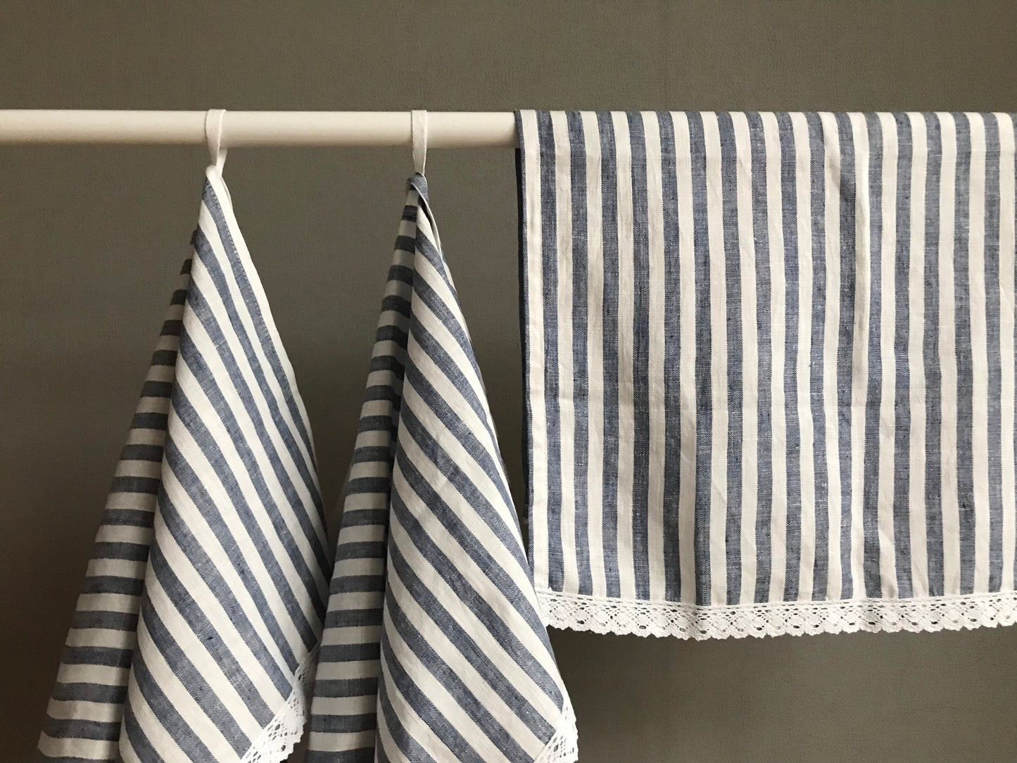 Linen tea towels with lace. Blue stripes kitchen towel