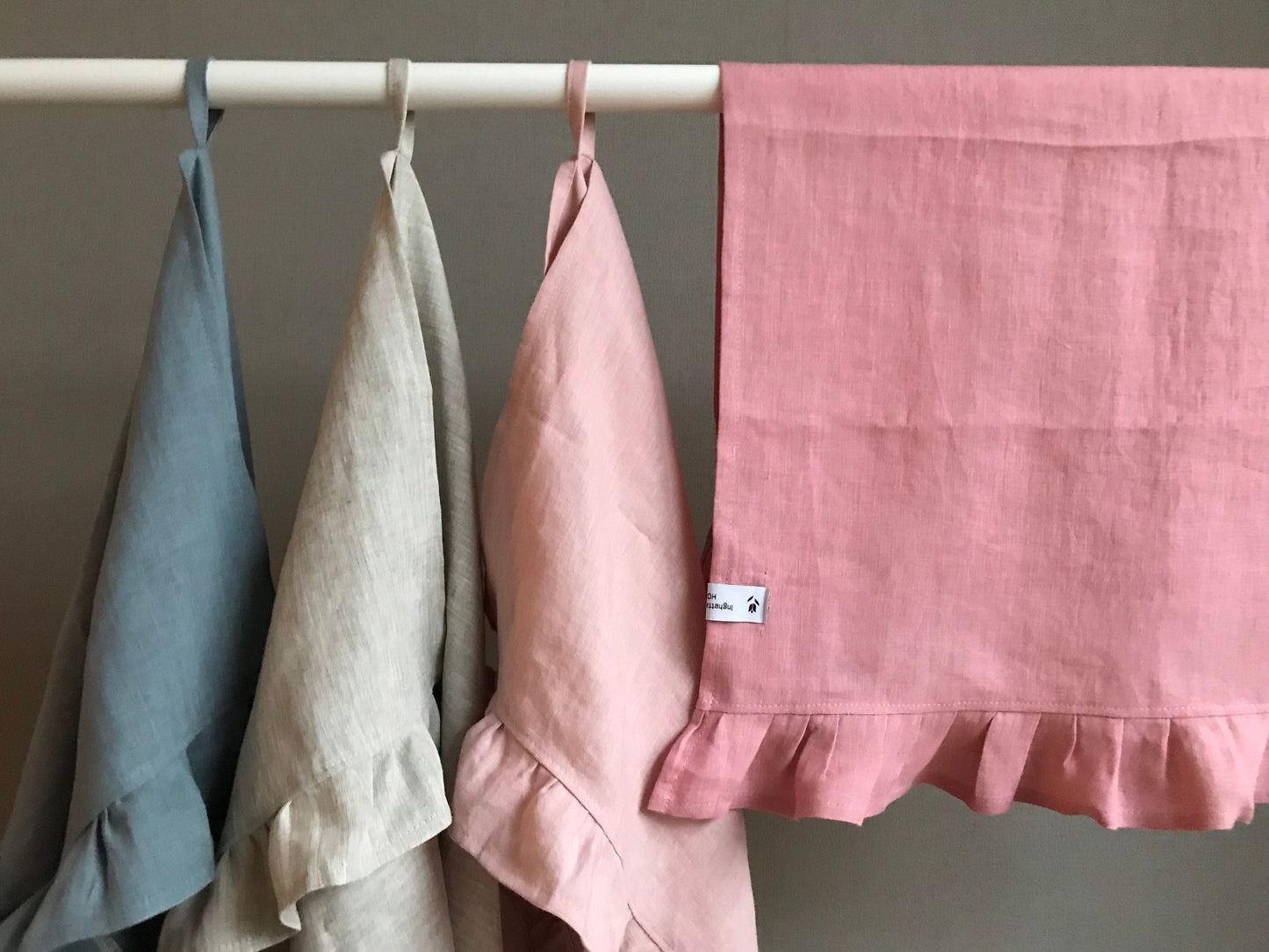 100% linen ruffled tea towel. Assorted colors