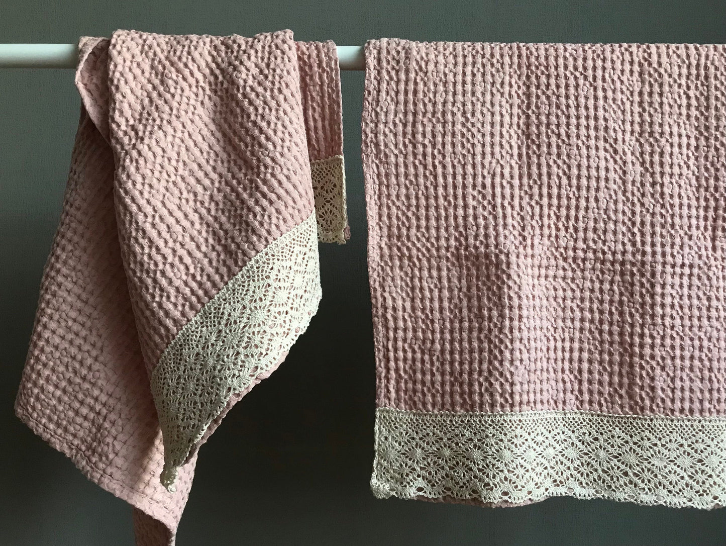 Linen waffle hand or guest towel with lace. Light pink