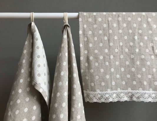Linen tea towel with lace. Natural linen, polka dot
