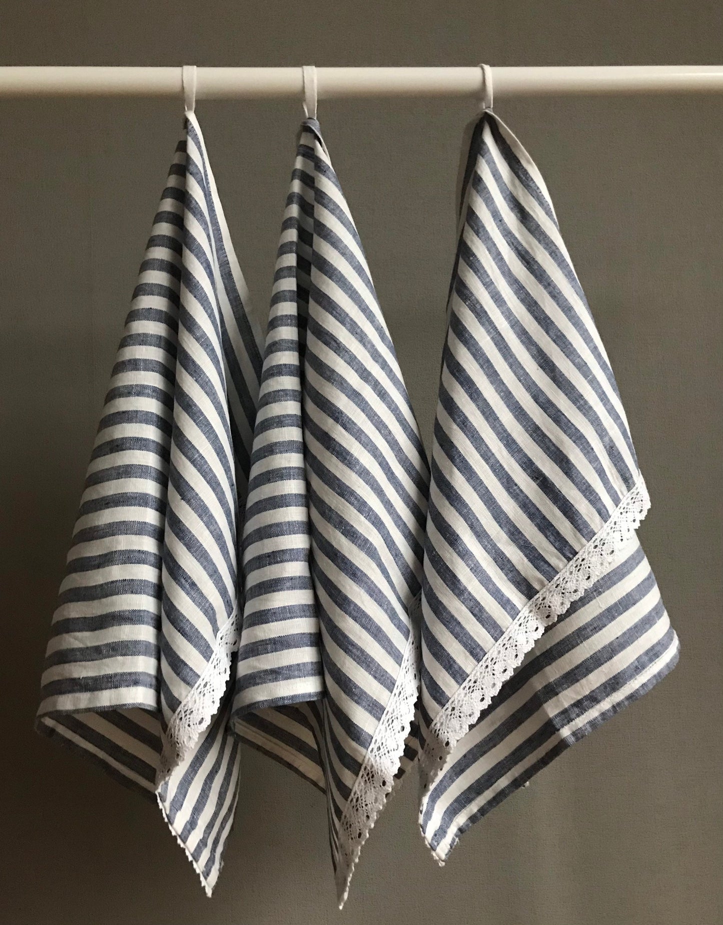 Linen tea towels with lace. Blue stripes kitchen towel