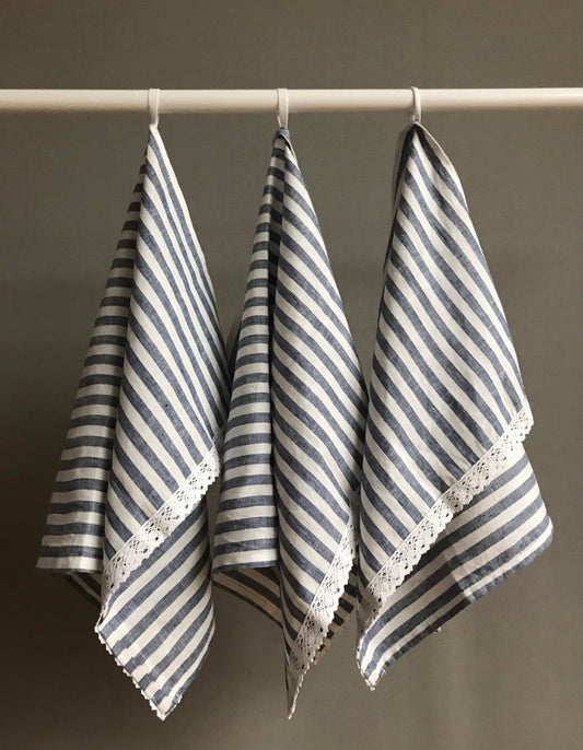 Linen tea towels with lace. Blue stripes kitchen towel