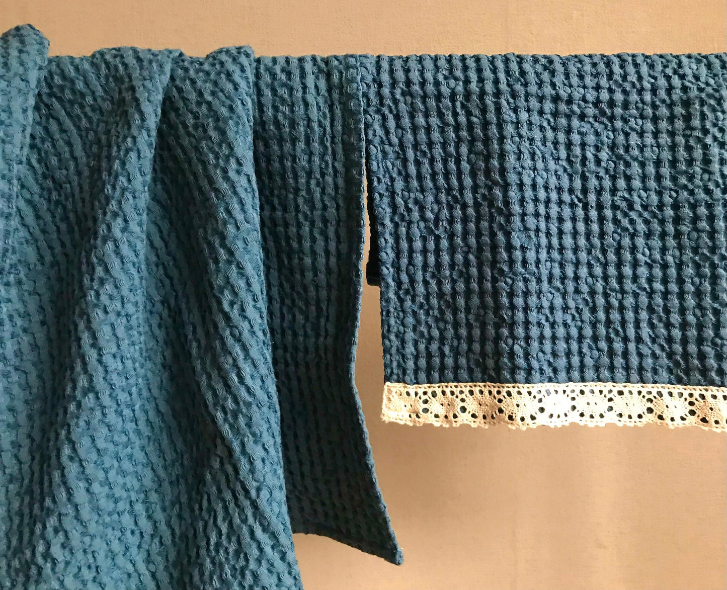 Fingertip face towel with lace. Waffle weave linen cotton blend. Blue