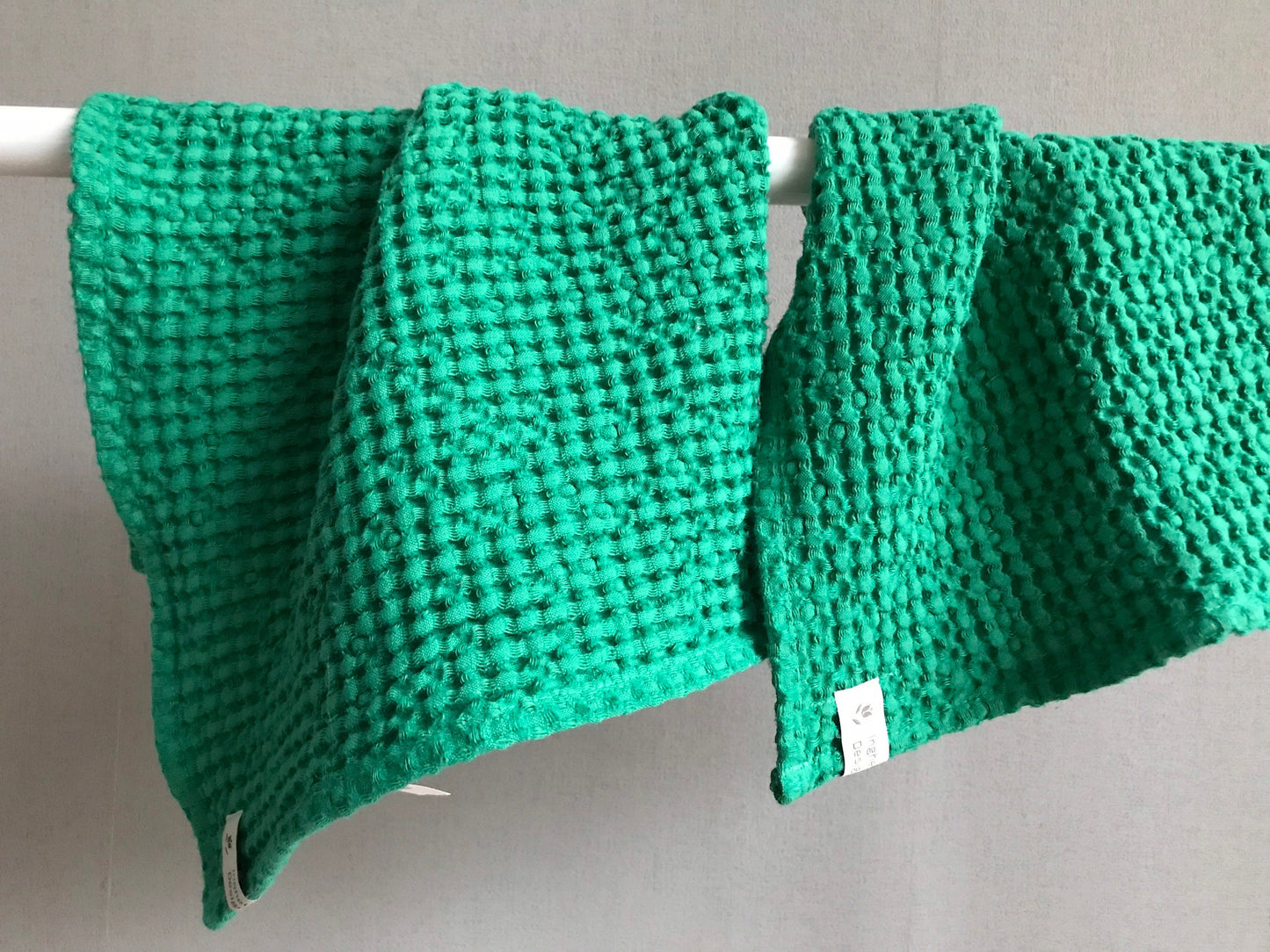 Linen fingertip waffle towels. Assorted green colors