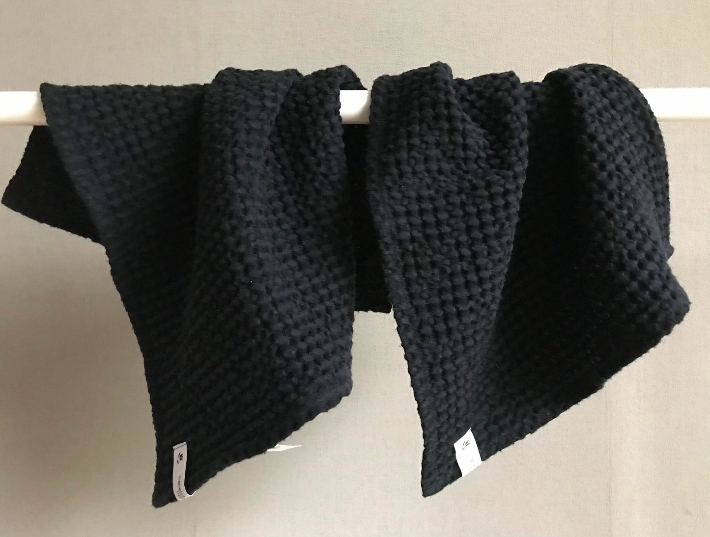 Fingertip waffle weave linen towel. Small face towel. Charcoal black