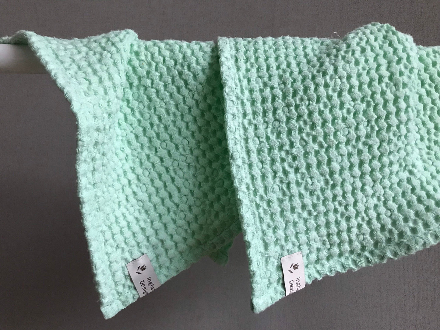 Linen fingertip waffle towels. Assorted green colors
