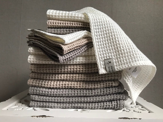 Cotton waffle weave tea towels. Kitchen hand towel. Beige