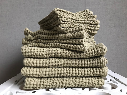 Linen waffle bath or hand towel in different sizes. Olive green